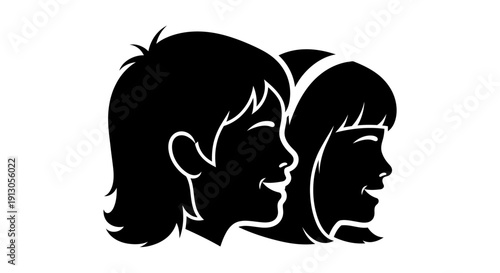 Silhouette of Two Children Facing Right.