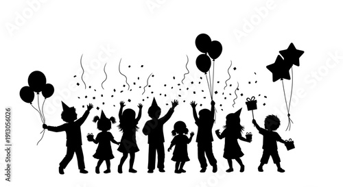 Silhouette People Celebrating with Balloons and Confetti.