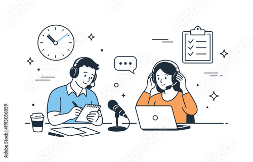 Behind the scenes of commentary. Commentators preparing notes and adjusting headsets before going live. Quiet preparation mood with clocks