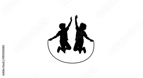 Silhouetted Children Jumping Rope Together.