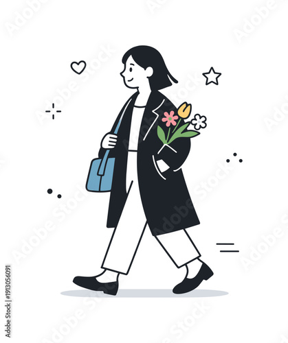 Everyday Grace. No-party March aesthetics in everyday routine. A woman walks calmly with flowers tucked into a coat, blending celebration into daily life.