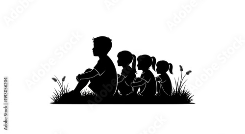Silhouetted Family of Four Sitting Together.