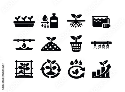   Hydroponics integration. Solid icon set of Hydroponics integration: plant grow tray, nutrient solution flow, root zone, water reservoir, drip