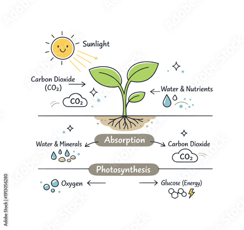 Botany education concept. A plant diagram with sunlight icons and subtle labels, explaining absorption and photosynthesis in a friendly