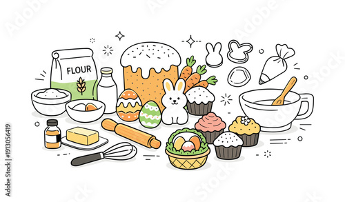 Bakery test batch for Easter. Ingredients, tools, and finished samples shown together in a balanced composition. Calm productive atmosphere