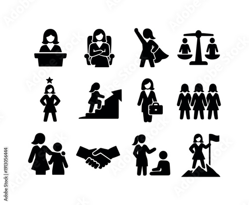 Women in leadership. Solid icon set of women in leadership: female leader, woman executive, women empowerment, gender equality, leadership