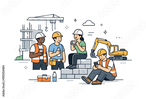 Construction Break Scene. Daily construction routine. A small group of workers taking a short break on site, standing near unfinished structures and machinery.