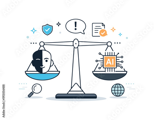 Ethics of deepfake technology. Balanced scale icon with human face and AI symbols on each side. Calm conceptual illustration about