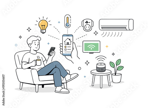 Automation and smart devices. A person calmly controlling lights and appliances from a smartphone, enjoying convenience and modern connected