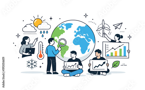   Understanding weather and climate. People interacting with simple weather icons, graphs, and globes, symbolizing global meteorological