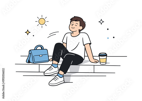 Sunny Step Break. Sitting on steps in sun during everyday life. An individual rests on stone or concrete steps with a bag or coffee nearby, soaking in sunlight