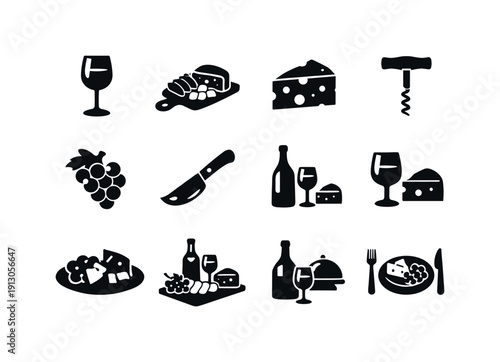 wine and cheese. Solid icon set of wine and cheese: wine glass, cheese board, cheese wedge, corkscrew, grape cluster, cheese knife, tasting