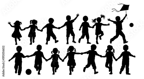 Silhouettes of Children Playing Together.