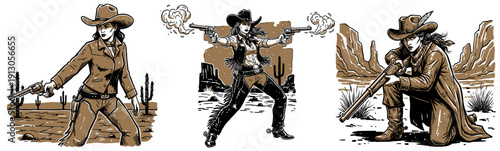 Set of Strong Wild West Cowgirl Characters in Various Poses and Actions, Detailed Vintage Illustration Collection for T-shirt Design or Poster Print.