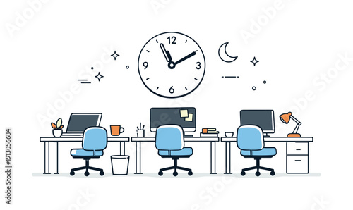    Empty office after hours scene. Desks neatly arranged with personal items left behind, a clock showing late time, and no people in sight. The
