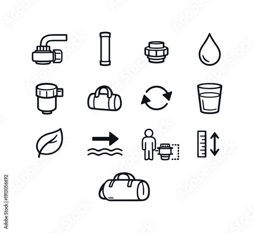   Compact Tap Filter. Line outline icon set of Compact Tap Filter: mini faucet filter, slim