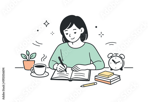 Quiet self-care. Person journaling or writing notes at a desk, focused and calm. Intimate editorial scene with simple stationery and soft