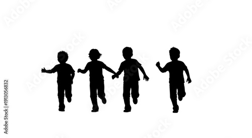 Silhouettes of Four Children Running Together.