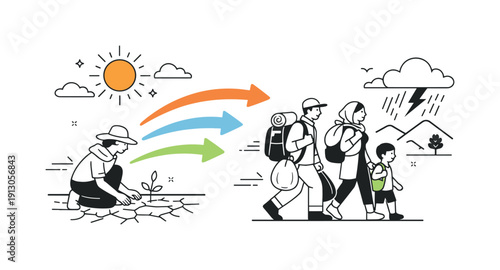 Migration due to climate change impacts. Individuals adapting to drought or extreme weather, quiet strength and adjustment. Sun, cracked