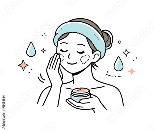 Cosmetic headband for skincare routine. A person applies face cream or mask while wearing a soft headband, showing comfort and practicality.