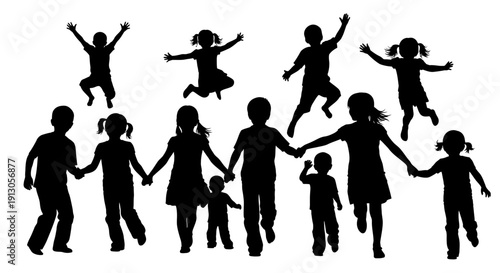 Silhouettes of Happy Children Playing Together.