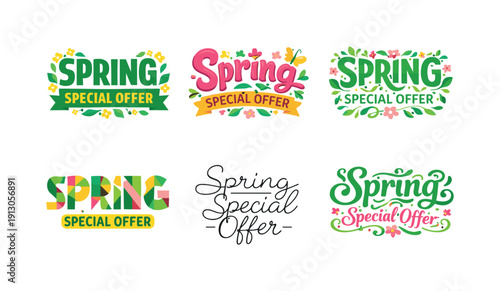 Spring special offer. Set lettering. harmonious lettering variations of the same emblematic concept, each with different artistic