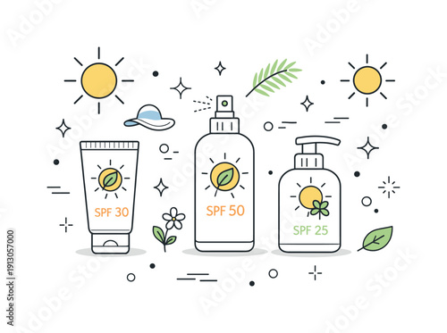 Natural sunscreen bottles. Abstract editorial layout with sunscreen bottle icons and sun symbols floating evenly. Concept of safe sun