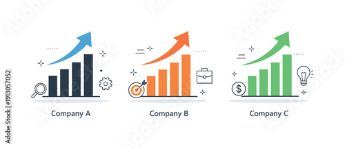 Business comparison. Two or three companies shown with simple bar charts and arrows pointing upward. Clear contrast, analytical mood and