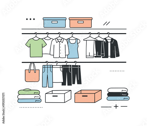 Minimal closet storage solution. Simple hanging rails, boxes, and folded items arranged neatly to show efficient wardrobe organization. Calm