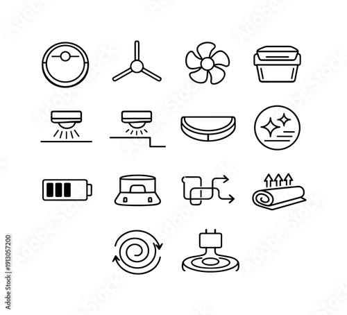 Robot Vacuum Icons. Robot vacuum cleaner. Line icon set of robot vacuum cleaner: round robot vacuum, side brush, suction fan, dust bin, floor sensor, cliff