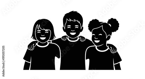 Three Happy Children Standing Together Smiling.