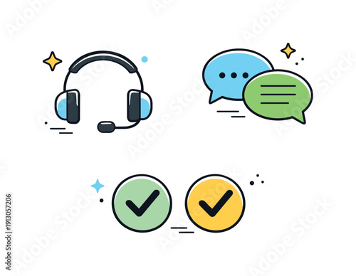   Customer service assistance. Simple icons showing headset, speech bubbles, and checkmarks arranged neatly. Calm reliability, clean UI-style