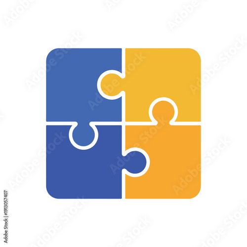 Four interlocking jigsaw puzzle pieces in bright blue and yellow form a complete square on a clean white background