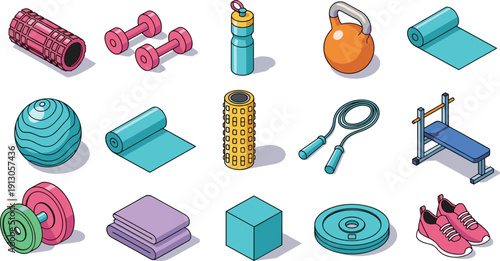 Set of Isometric Fitness and Gym Equipment Featuring Dumbbells Kettlebell Yoga Mat Exercise Ball Jump Rope Foam Roller and Sneakers Isolated on White Background