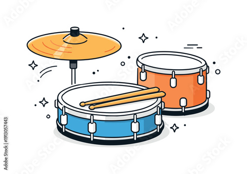 Percussion section focus. Close-up composition of cymbals, toms, and drumsticks resting on a drum. Quiet moment highlighting texture,