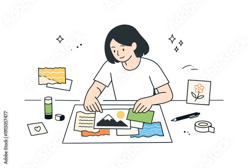 Hands-on art practice. An artist arranging textures, notes, and visual elements into a cohesive mixed media piece. Peaceful creative focus