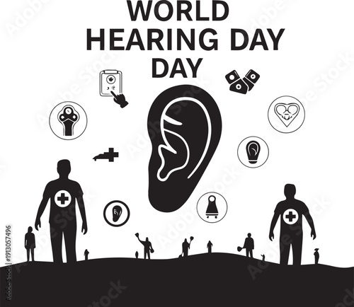 World Hearing Day Concept with Ear Icon, Medical Silhouettes, and Audiology Health Care Symbols on White Background