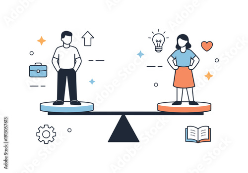 Gender equality concept. Male and female figures balanced on equal platforms, symbolizing fairness and equal opportunities. The composition