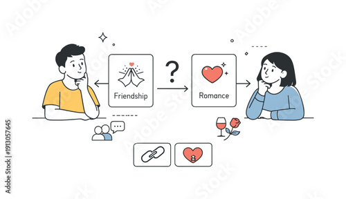 Choosing connection styles. Characters reflecting on friendship and romance, thoughtful mood and self-awareness. Icons, cards, and gentle