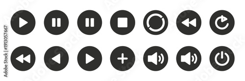 Collection of media player icons, showcasing black and white stroke-style symbols for play, pause, replay, navigation, volume control, and additional interface elements in vector format.