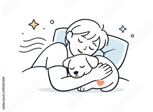Comfort and emotional support. Person hugging a pet close while drifting to sleep, calm breathing lines and stars nearby. Gentle illustration