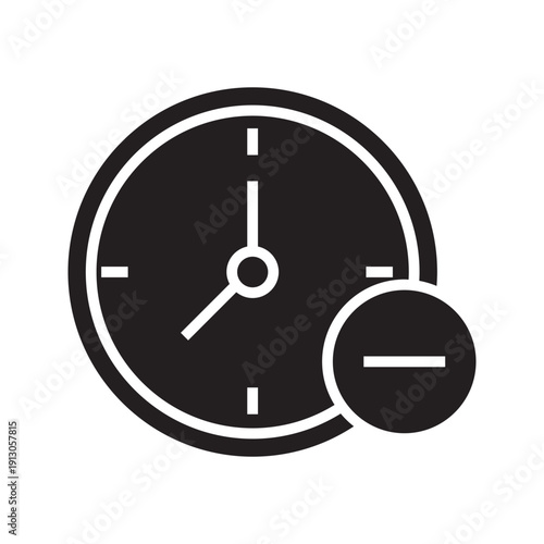Outline clock icon with minus symbol representing time reduction, limited time, deadline adjustment, schedule decrease, or cancellation concept. Minimal black vector isolated on white background.