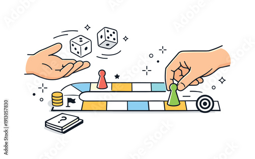    Board game nights. Close-up scene of hands rolling dice and moving tokens across a simple board. Moment of action, chance, and playful
