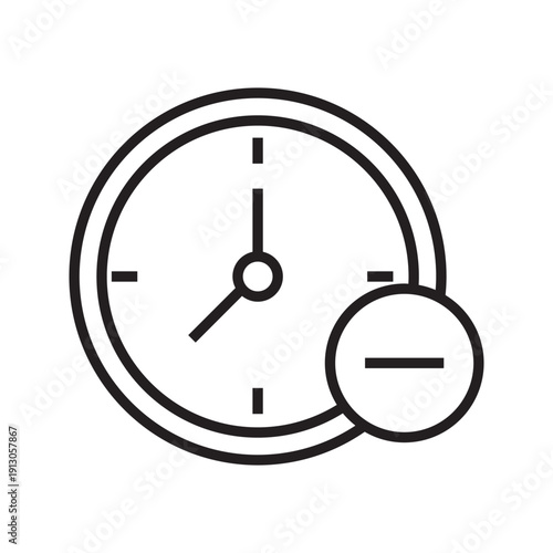 Outline clock icon with minus symbol representing time reduction, limited time, deadline adjustment, schedule decrease, or cancellation concept. Minimal black vector isolated on white background.