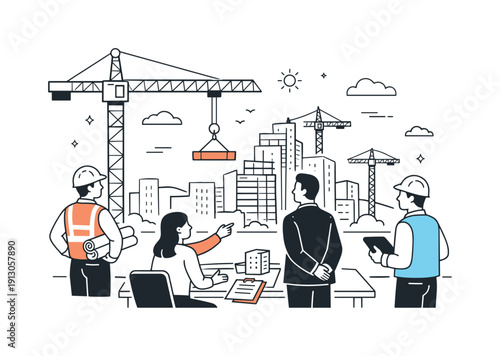 Urban Growth Vision. A construction crane over a developing city district, representing growth and change. A focused scene showing workers and planners