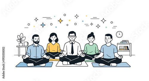 Group mindful session. Several coworkers sit on office mats in a small lounge area, closing eyes and focusing on breath, abstract stars and