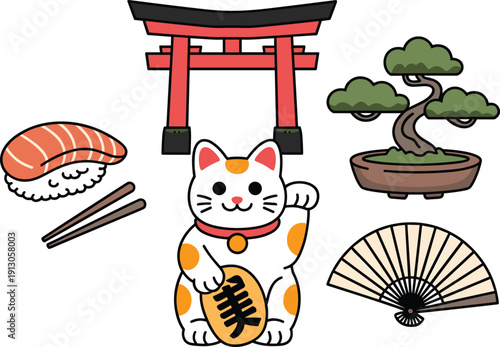 Traditional Japanese Culture Concept Set Featuring Maneki Neko Lucky Cat Torii Gate Bonsai Tree Salmon Sushi and Folding Fan Isolated on White Background for Travel Design
