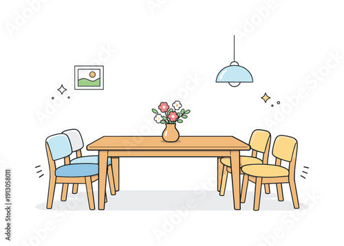 Dining room simplicity. A side view of a wooden dining table with chairs slightly pulled out, relaxed and lived-in. A small vase of flowers