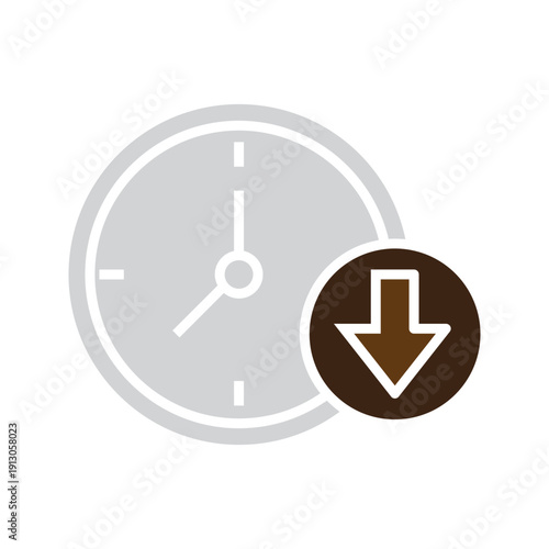 Minimalist line icon of a clock combined with a download arrow symbol. Concept of time tracking, schedule download, deadline update, data sync, and productivity management. Simple outline vector isola