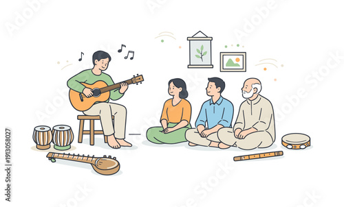   Traditional music rehearsal at home. One musician playing while others listen attentively, instruments resting nearby. Concentration, respect